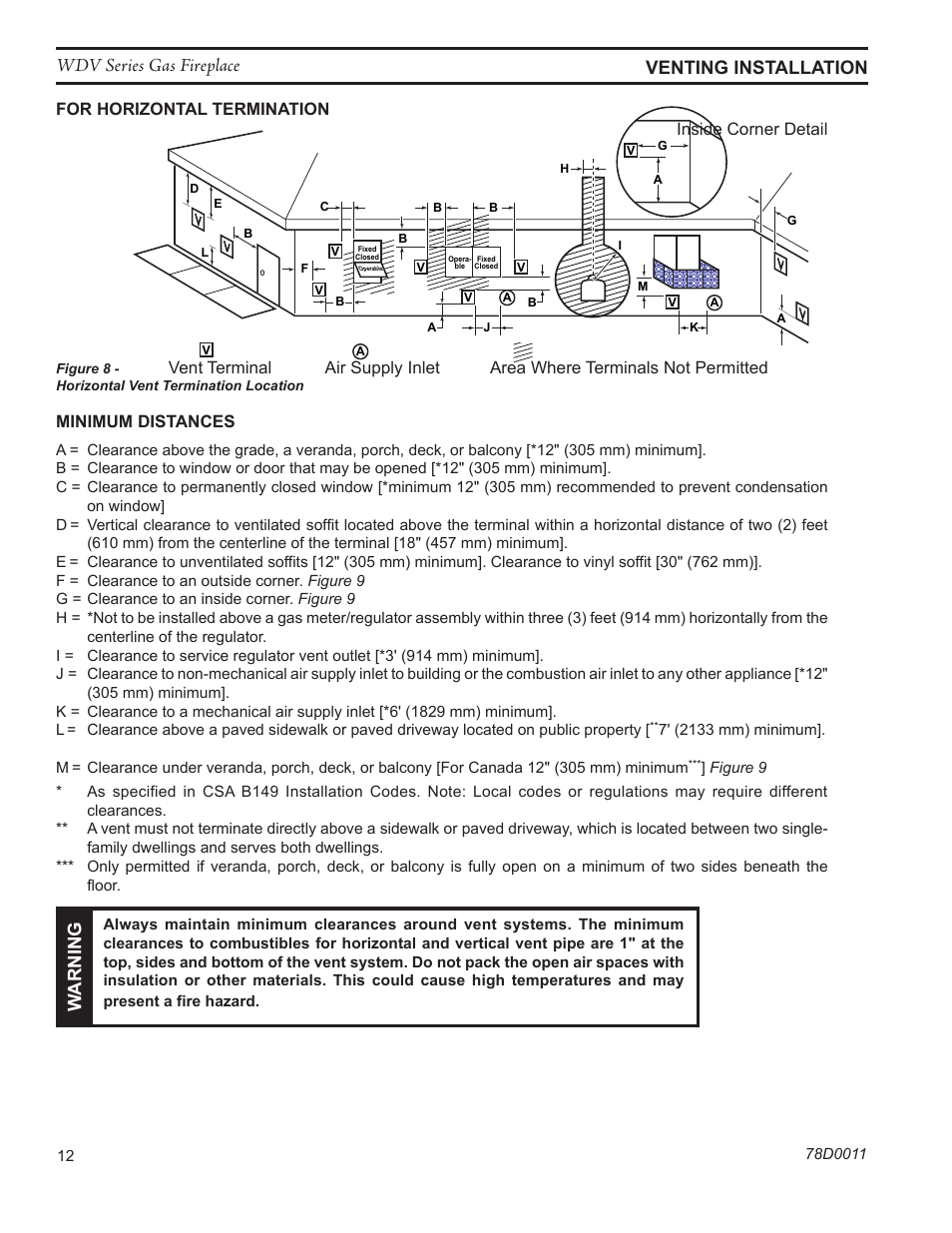 Wdv series gas fireplace venting installation, Warn in g | Monessen Hearth WIDEVIEW WDV500 User Manual | Page 12 / 48