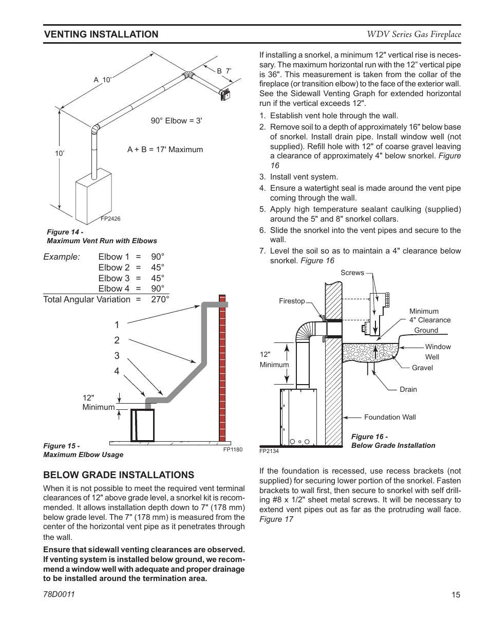 Fp1180 max bends, Fp2134 below grade install | Monessen Hearth WIDEVIEW WDV500 User Manual | Page 15 / 48