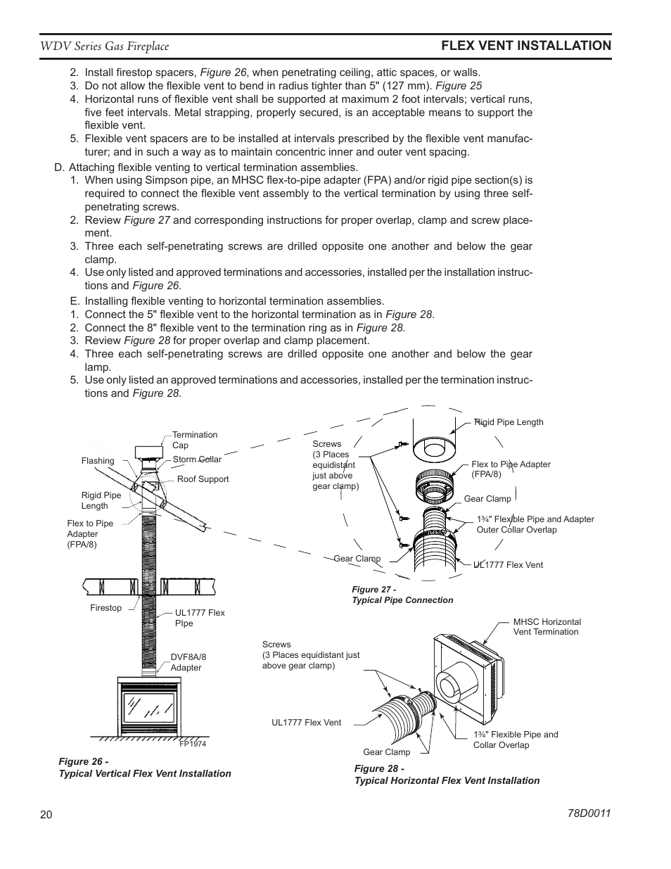 Wdv series gas fireplace flex vent installation, Fp1975 pipe connection, Fp1976 horizontal flex | Monessen Hearth WIDEVIEW WDV500 User Manual | Page 20 / 48