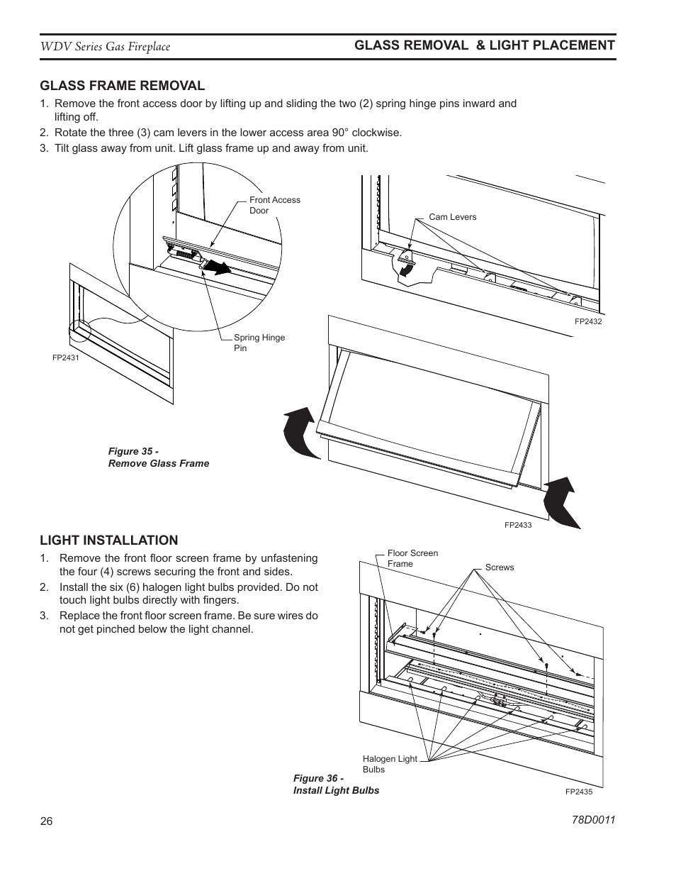 Light installation, Fp2432 open cam levers, Fp2433 lift glass | Fp2434 replace light bulbs | Monessen Hearth WIDEVIEW WDV500 User Manual | Page 26 / 48