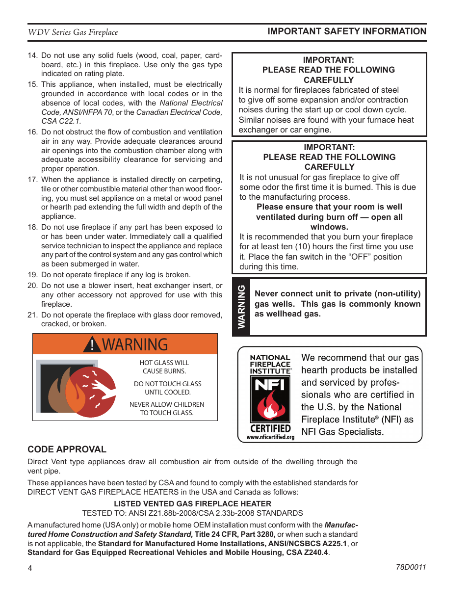 Warning | Monessen Hearth WIDEVIEW WDV500 User Manual | Page 4 / 48