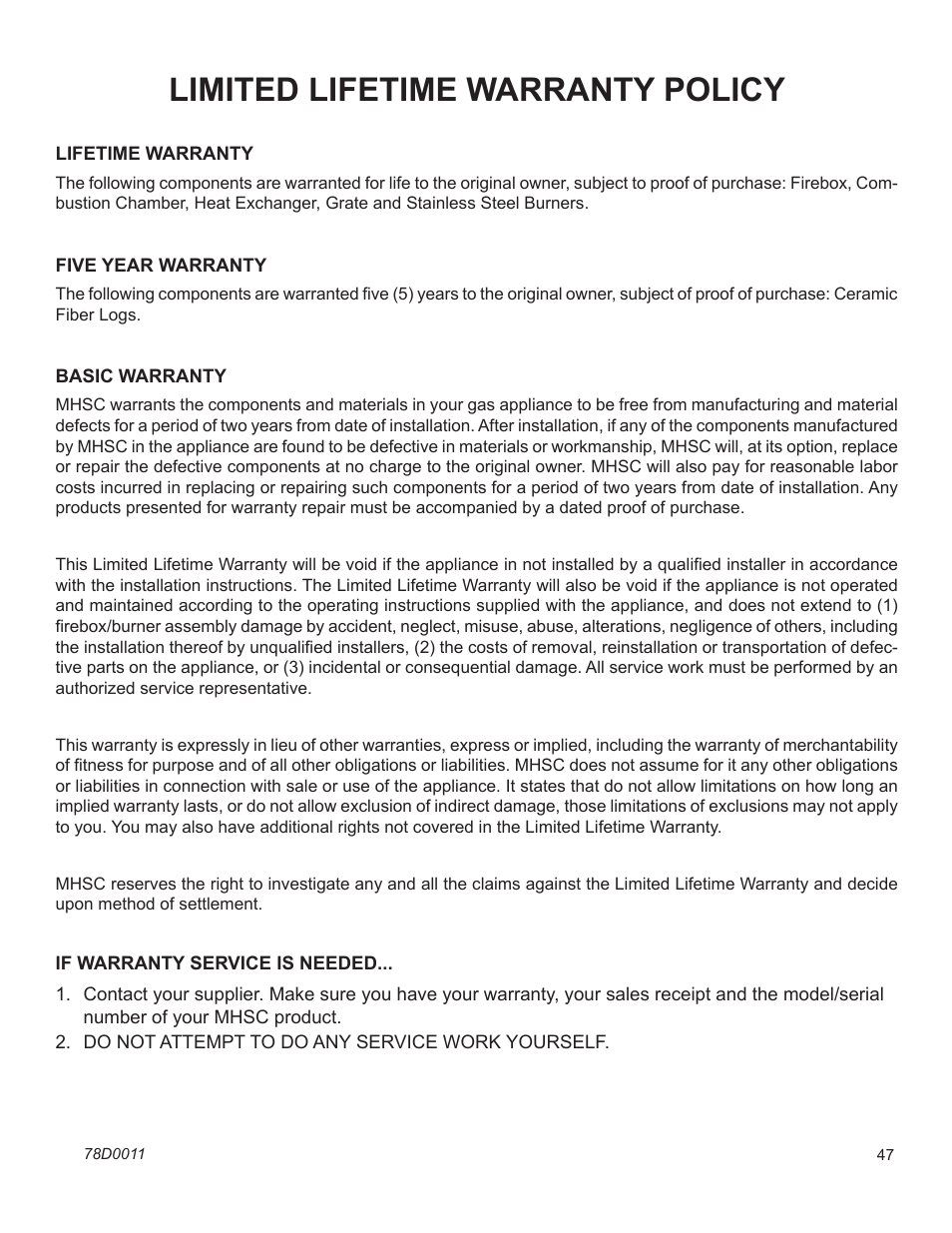 Limited lifetime warranty policy | Monessen Hearth WIDEVIEW WDV500 User Manual | Page 47 / 48