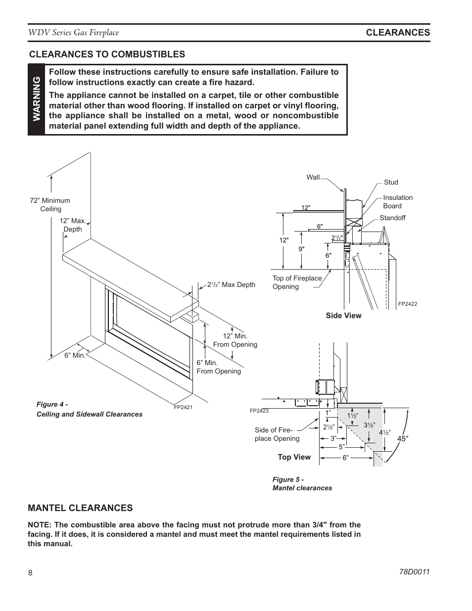 Wdv series gas fireplace, Clearances mantel clearances, Clearances to combustibles | Warn in g | Monessen Hearth WIDEVIEW WDV500 User Manual | Page 8 / 48