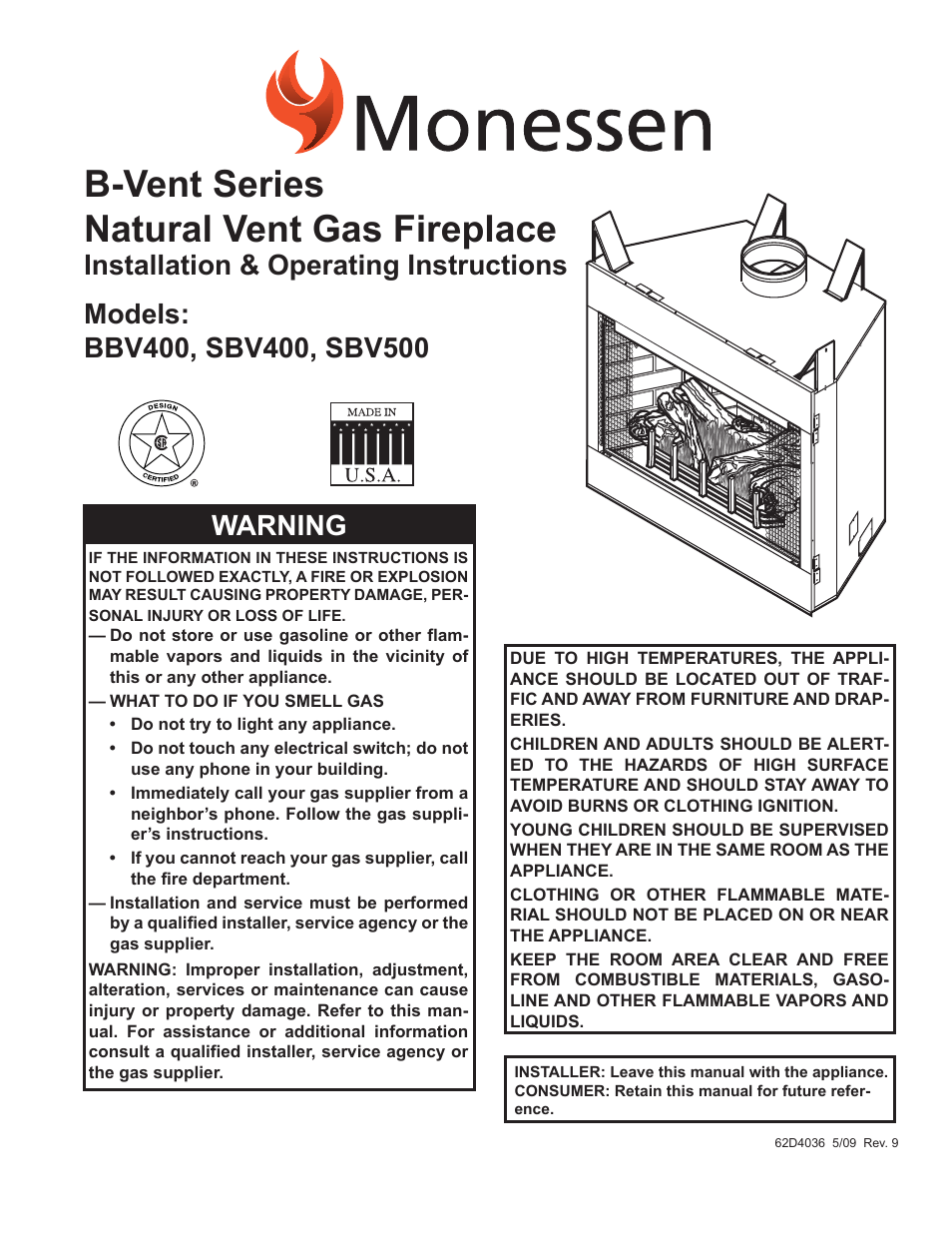 Monessen Hearth B-VENT SBV500 User Manual | 40 pages