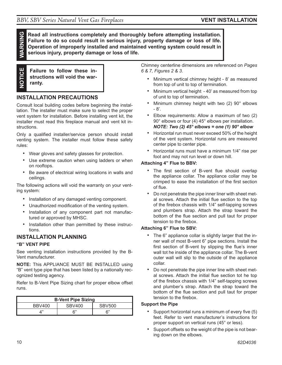 Bbv, sbv series natural vent gas fireplaces | Monessen Hearth B-VENT SBV500 User Manual | Page 10 / 40