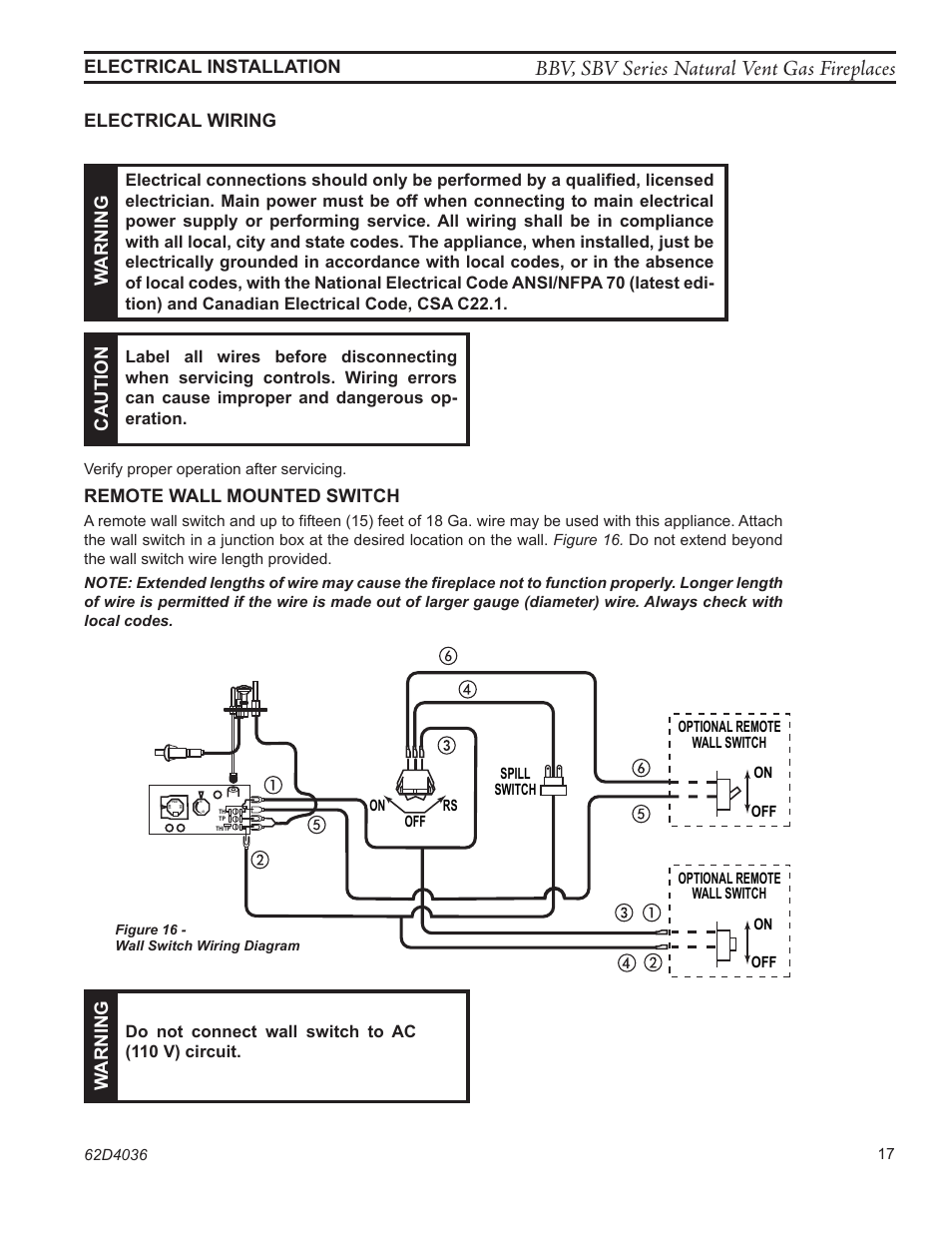 Bbv, sbv series natural vent gas fireplaces, Electrical installation, Remote wall mounted switch | Warning, Caution, 0 ""63"6 w arning, Electrical wiring, Do not connect wall switch to ac (110 v) circuit | Monessen Hearth B-VENT SBV500 User Manual | Page 17 / 40