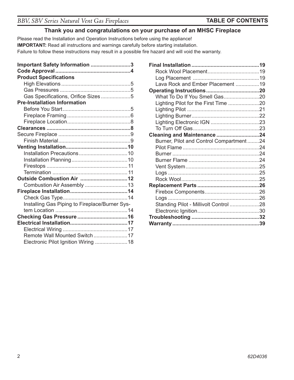 Bbv, sbv series natural vent gas fireplaces | Monessen Hearth B-VENT SBV500 User Manual | Page 2 / 40