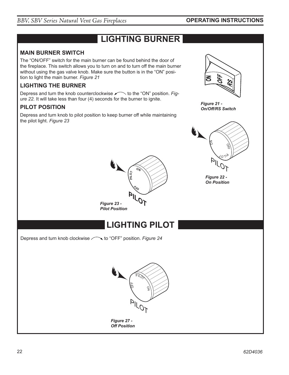 Lighting burner lighting pilot, Ff o, Bbv, sbv series natural vent gas fireplaces | Monessen Hearth B-VENT SBV500 User Manual | Page 22 / 40