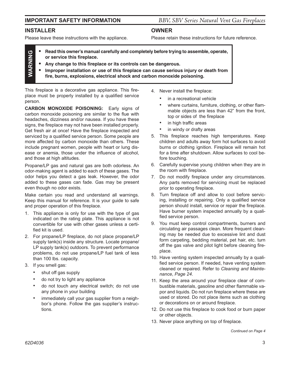 Bbv, sbv series natural vent gas fireplaces | Monessen Hearth B-VENT SBV500 User Manual | Page 3 / 40