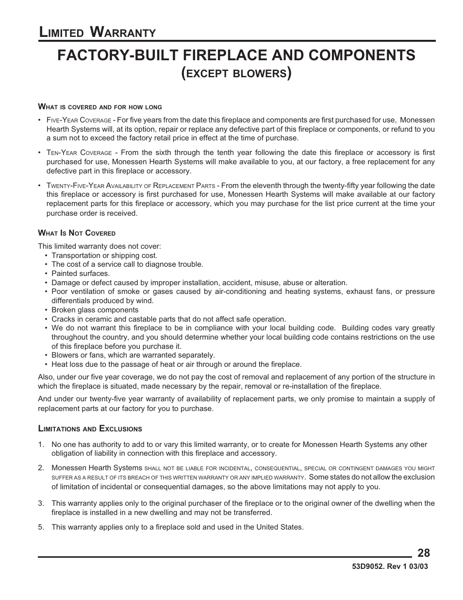 Factory-built fireplace and components, Imited, Arranty | Except, Blowers | Monessen Hearth 624WBPF User Manual | Page 29 / 32