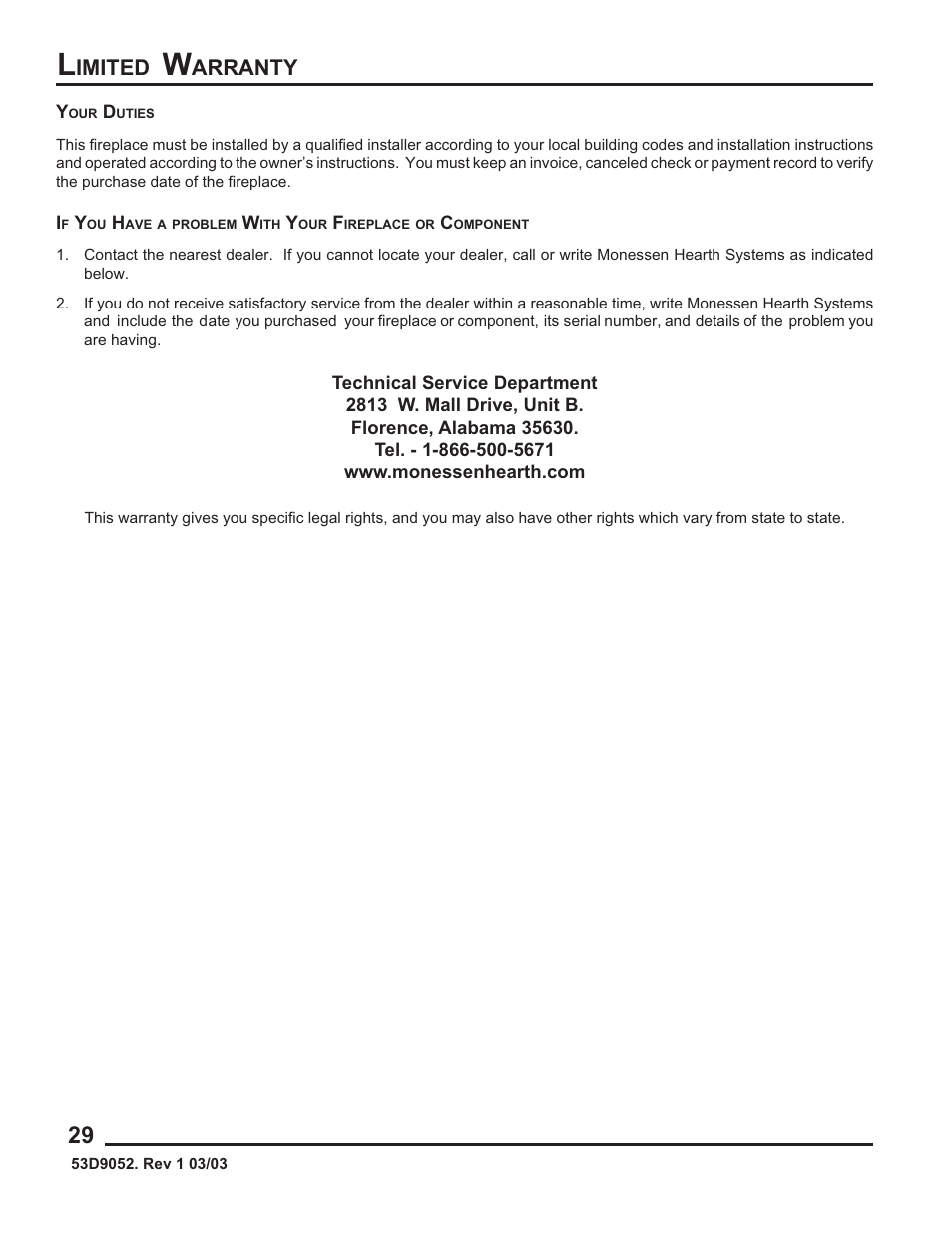 Imited, Arranty | Monessen Hearth 624WBPF User Manual | Page 30 / 32
