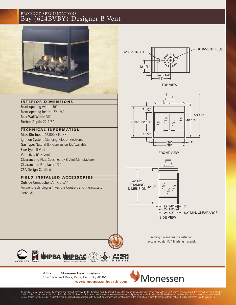 Monessen Hearth Designer B Vent 624BVBY User Manual | 1 page