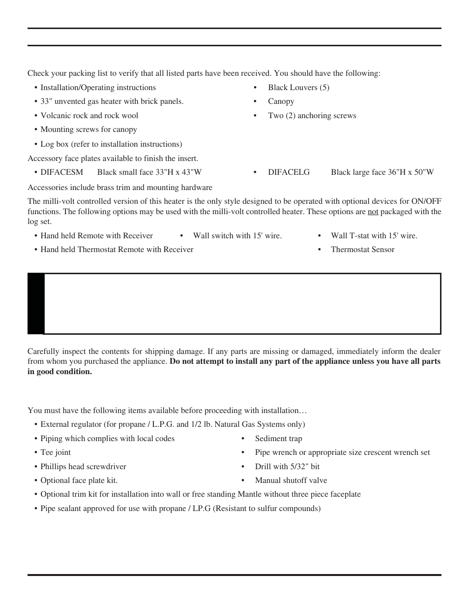 Getting started, Warning | Monessen Hearth VENT-FREE DIS33G User Manual | Page 7 / 40