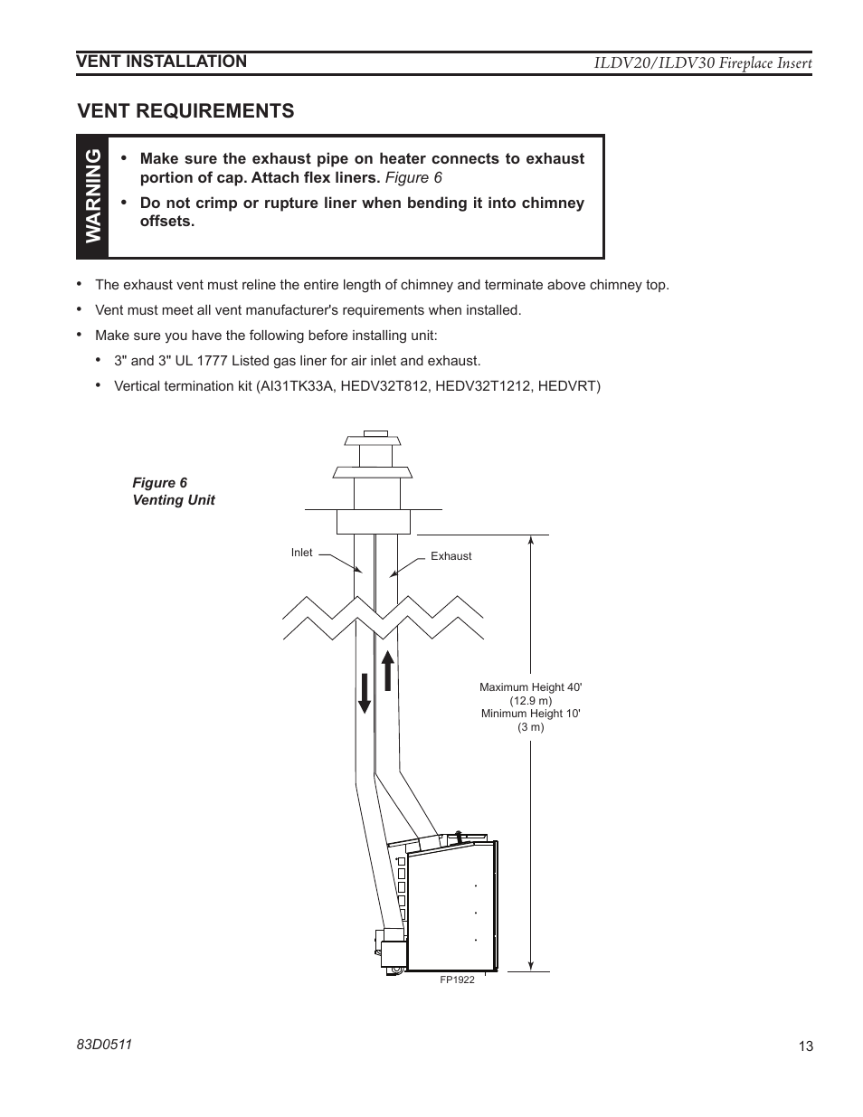 Warn ing, Vent requirements | Monessen Hearth ILDV20PV User Manual | Page 13 / 40