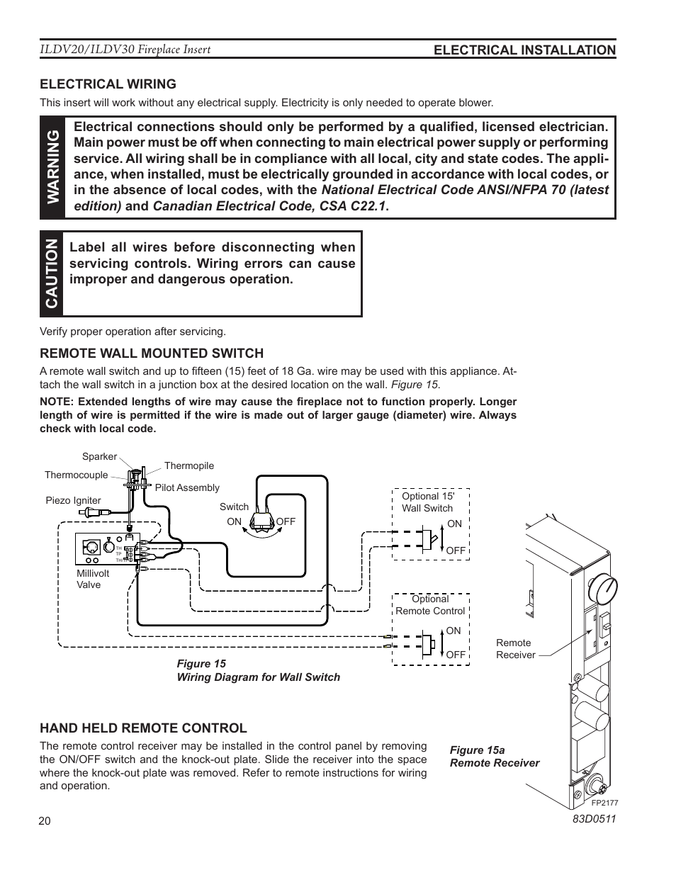 Warn ing, Ca uti on, Electrical wiring | Hand held remote control, Fp2177 remote receiver | Monessen Hearth ILDV20PV User Manual | Page 20 / 40