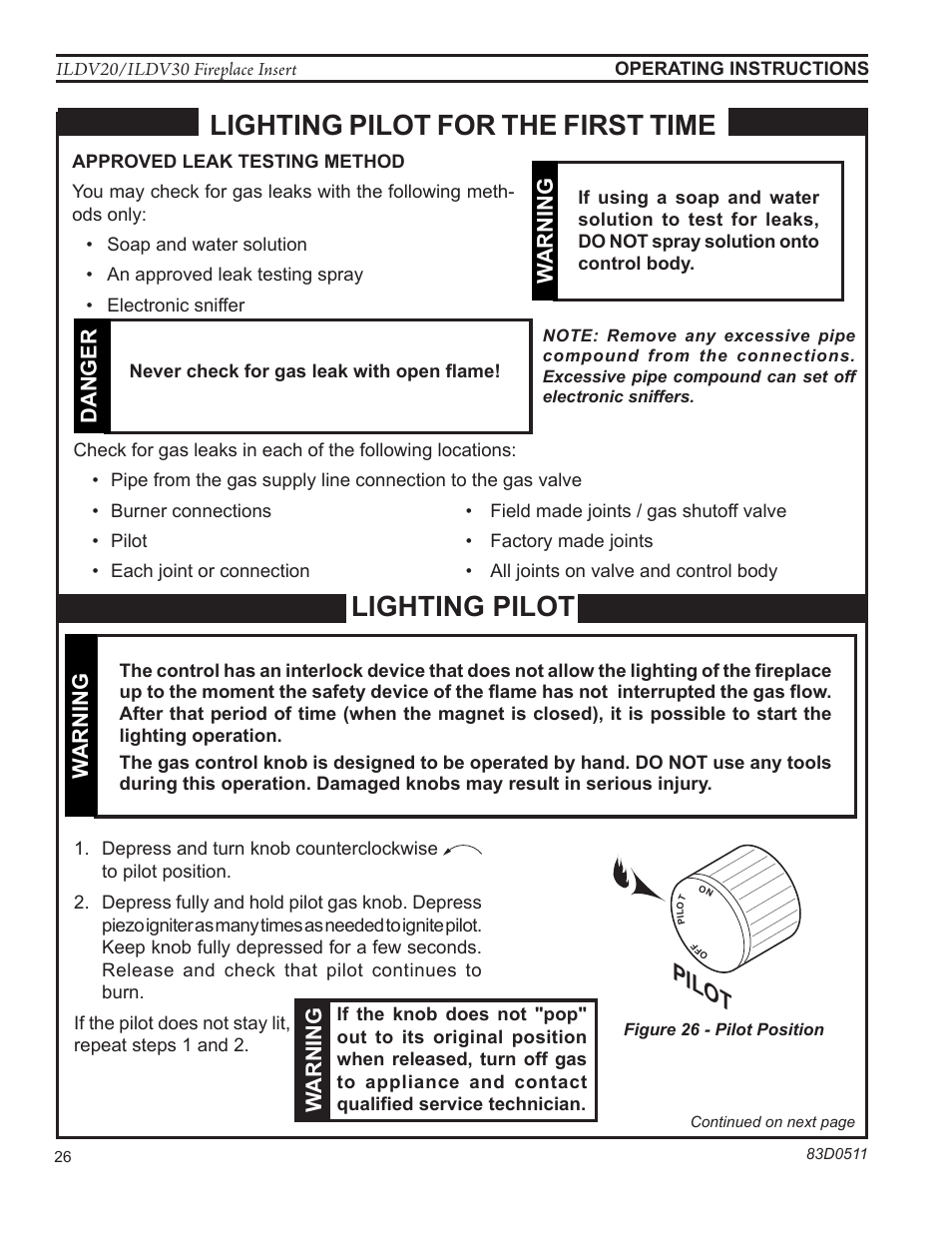 Lighting pilot, Lighting pilot for the first time, Pilot | Monessen Hearth ILDV20PV User Manual | Page 26 / 40