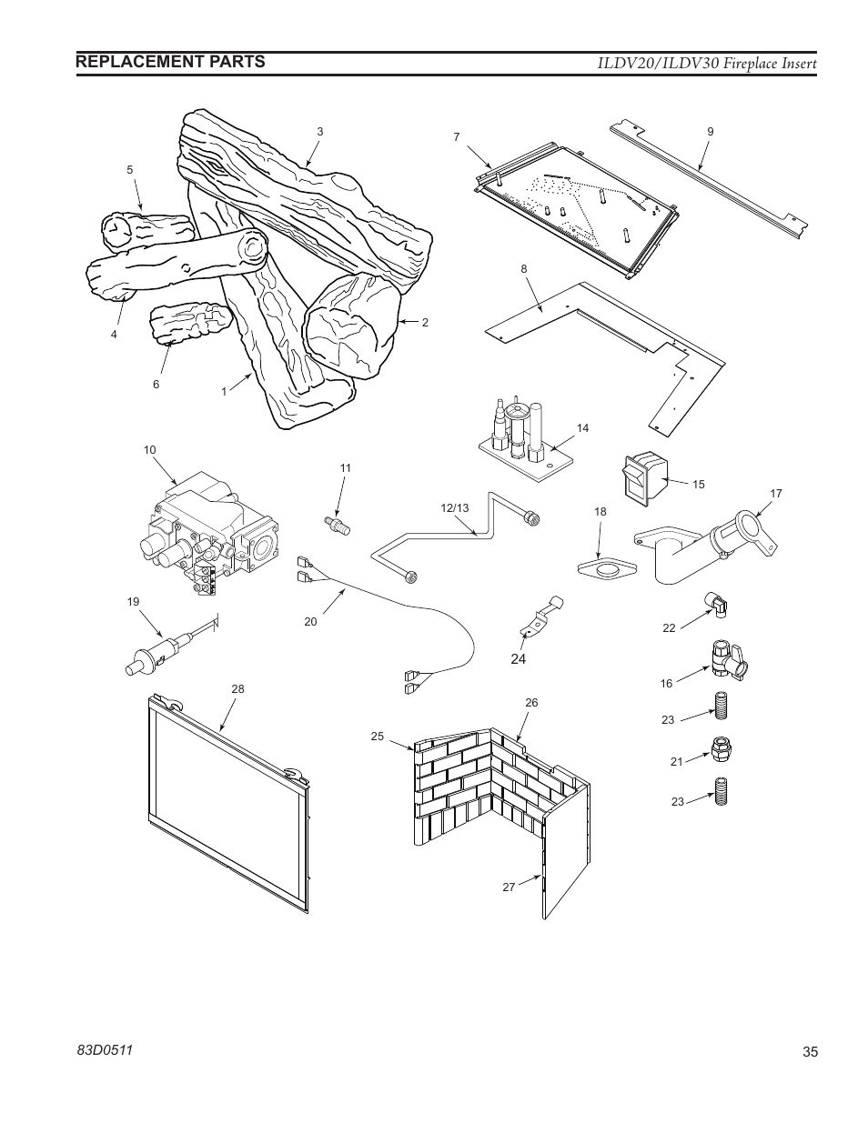 Ildv20/ildv30 fireplace insert, Replacement parts | Monessen Hearth ILDV20PV User Manual | Page 35 / 40