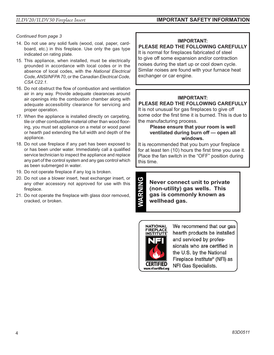 Warn ing | Monessen Hearth ILDV20PV User Manual | Page 4 / 40