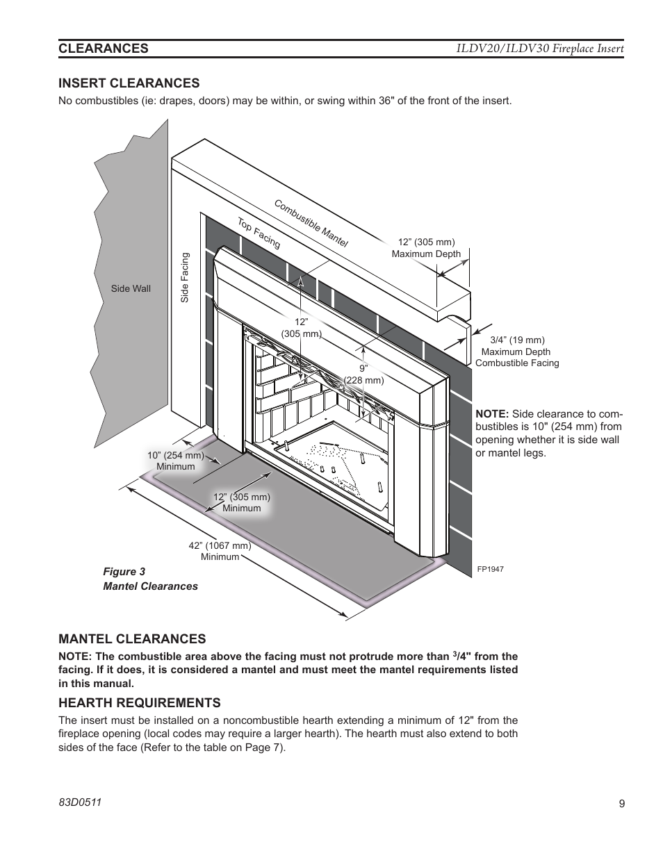 Ildv20/ildv30 fireplace insert, Clearances insert clearances, Mantel clearances | Hearth requirements | Monessen Hearth ILDV20PV User Manual | Page 9 / 40