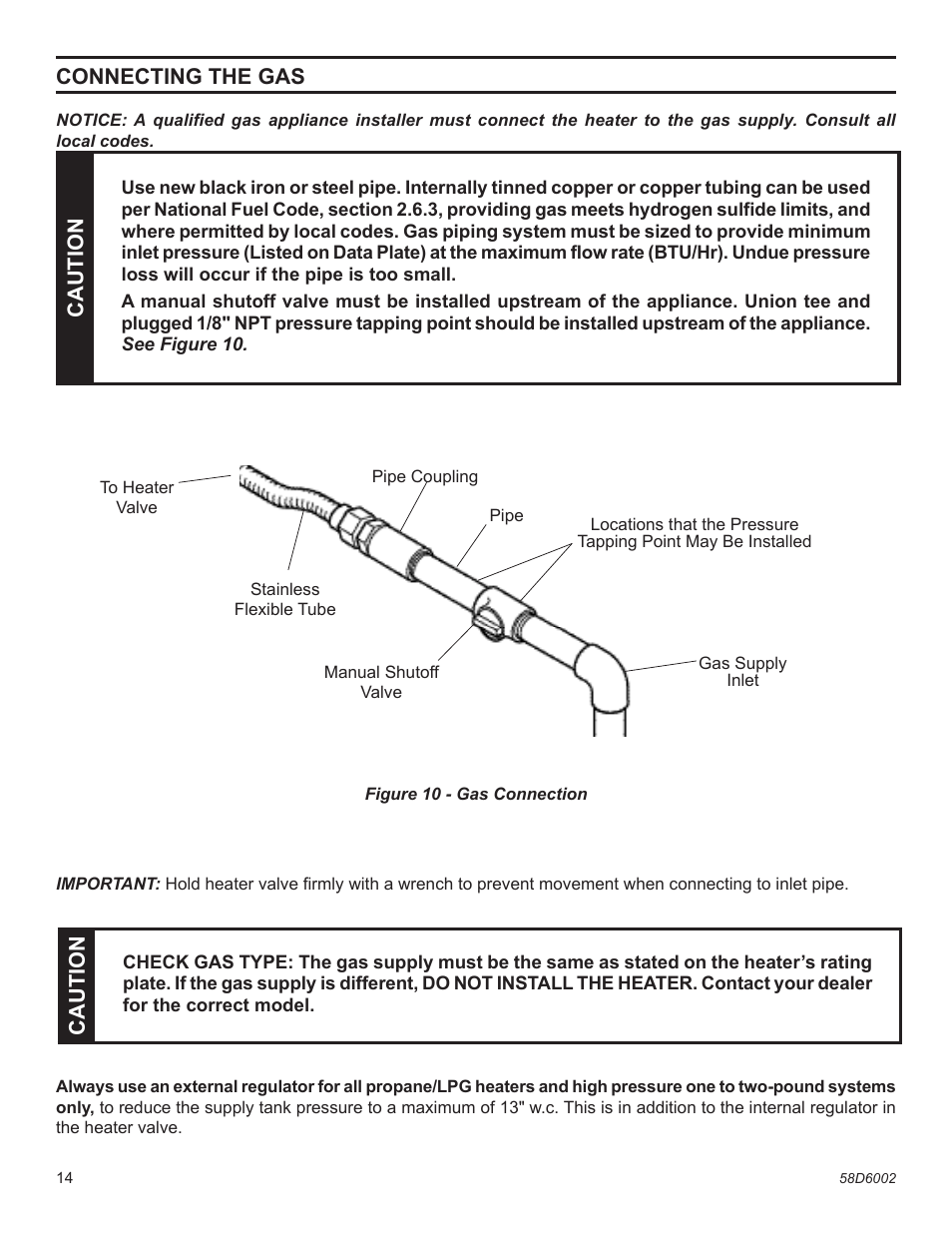 Connecting the gas, Caution | Monessen Hearth VFCS20DNV User Manual | Page 14 / 32