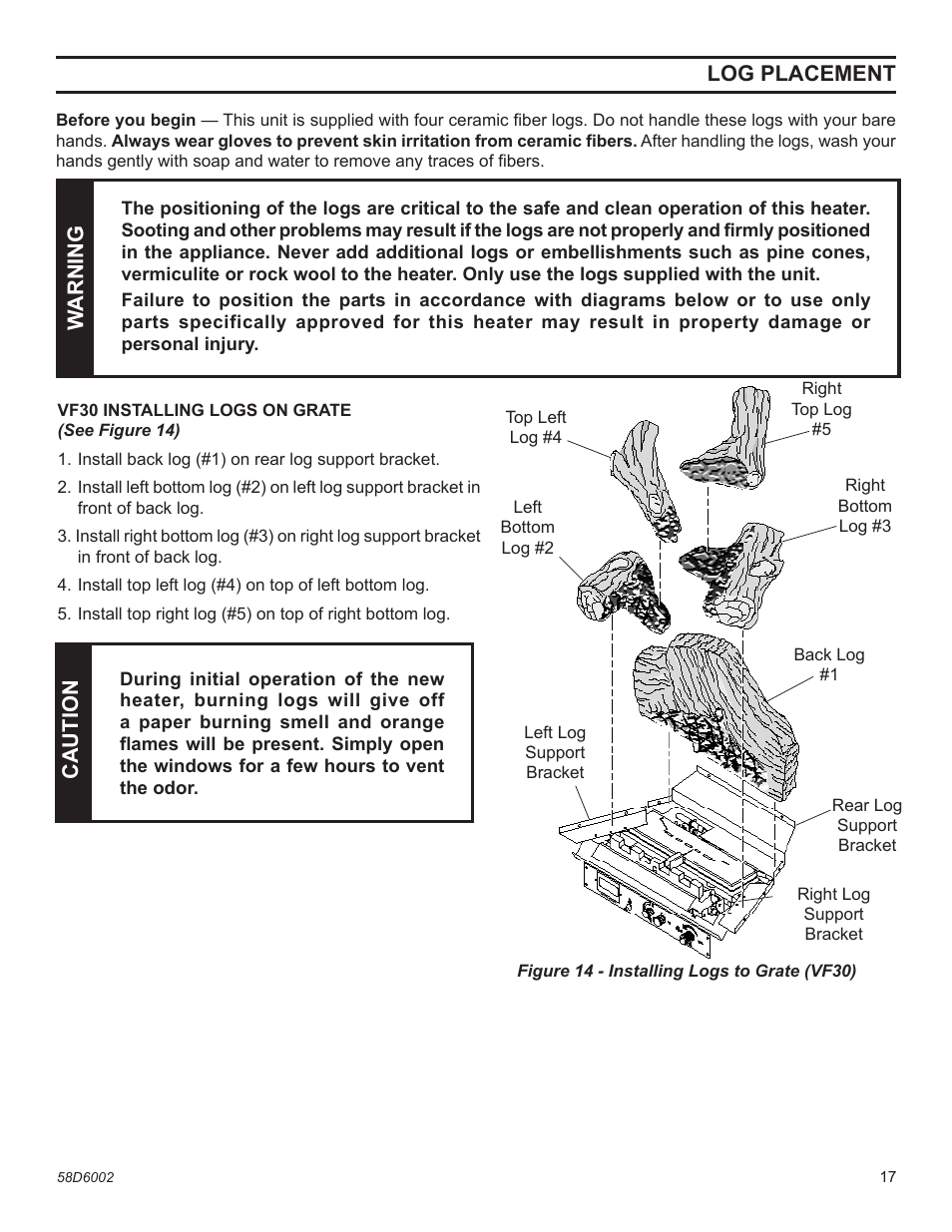 Log placement, Warning, Caution | Monessen Hearth VFCS20DNV User Manual | Page 17 / 32