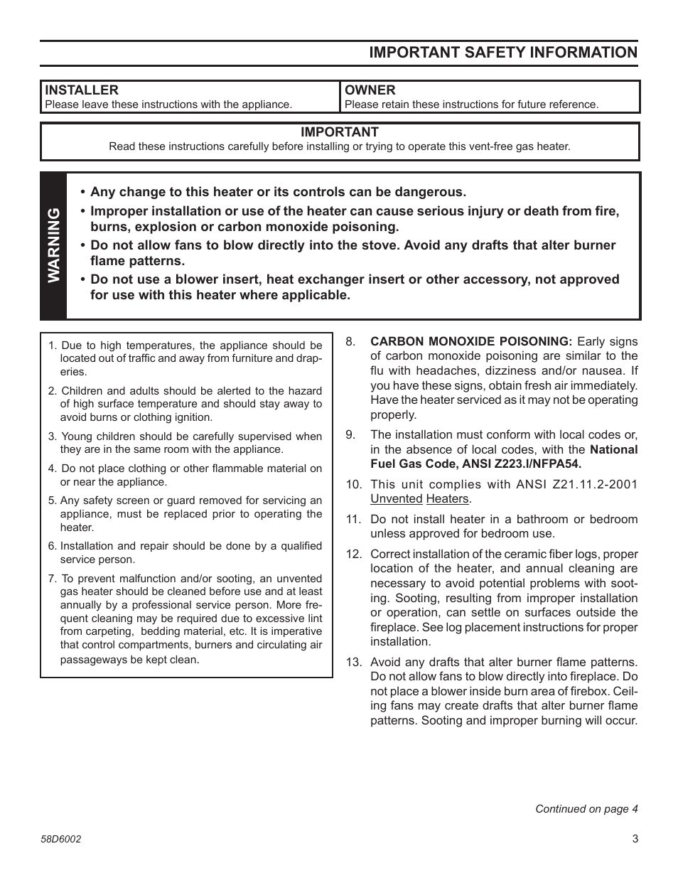 Important safety information, Warning | Monessen Hearth VFCS20DNV User Manual | Page 3 / 32