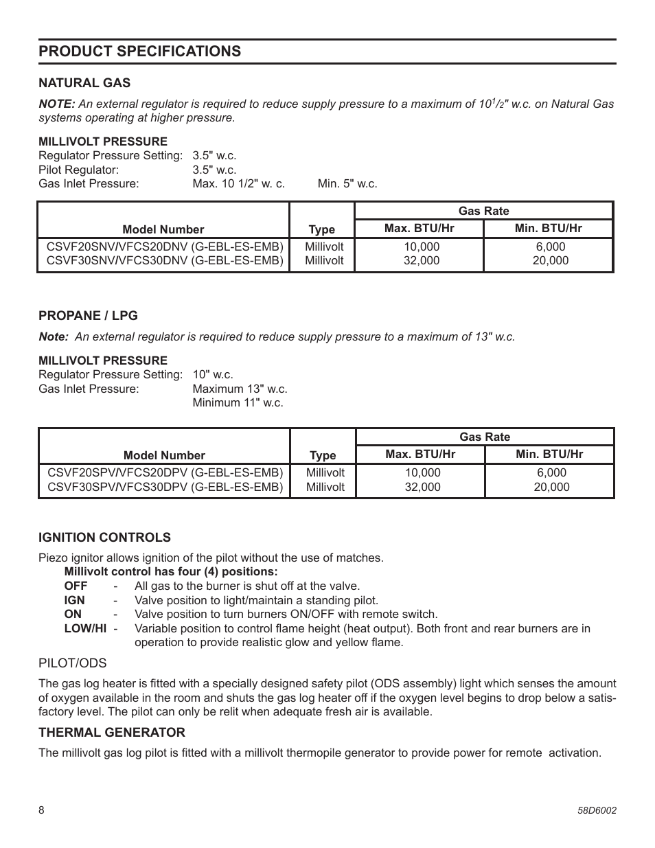 Product specifications | Monessen Hearth VFCS20DNV User Manual | Page 8 / 32