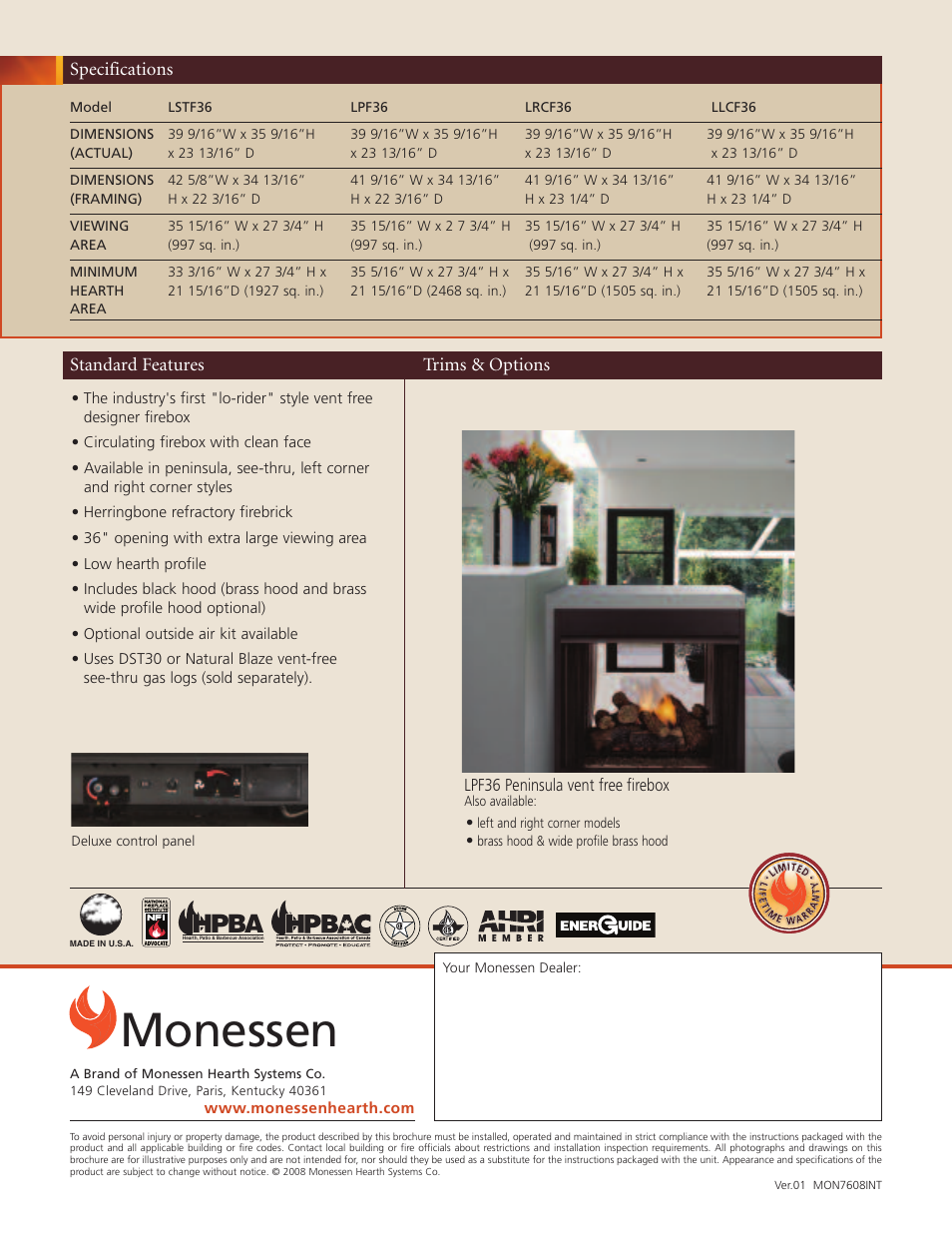 Monessen, Hpba | Monessen Hearth LO-Rider Designer Vent Free Fireboxes LLCF36 User Manual | Page 2 / 2