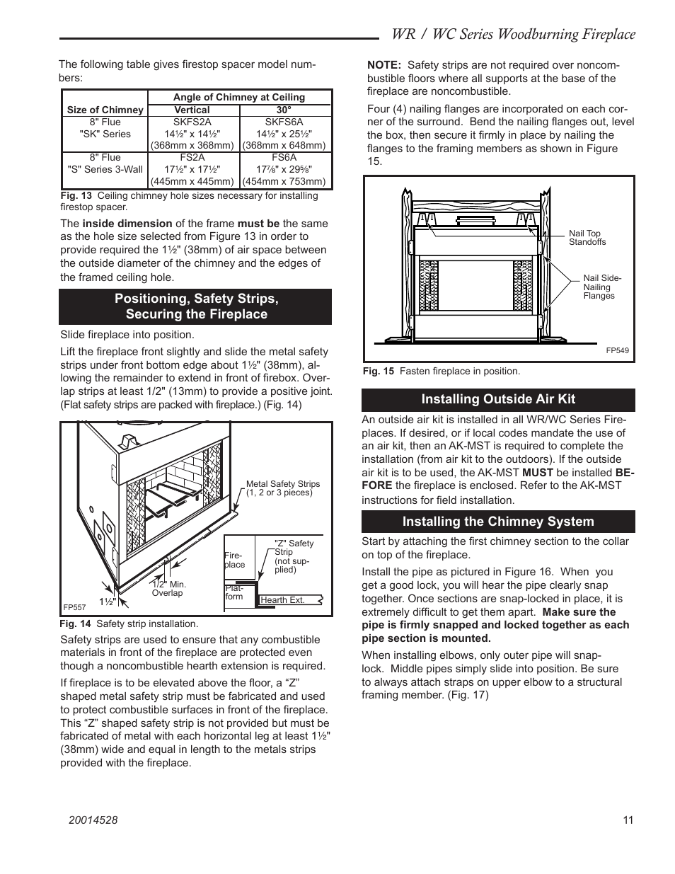 Wr / wc series woodburning fireplace, Installing outside air kit, Installing the chimney system | Positioning, safety strips, securing the fireplace | Monessen Hearth WR400 User Manual | Page 11 / 24