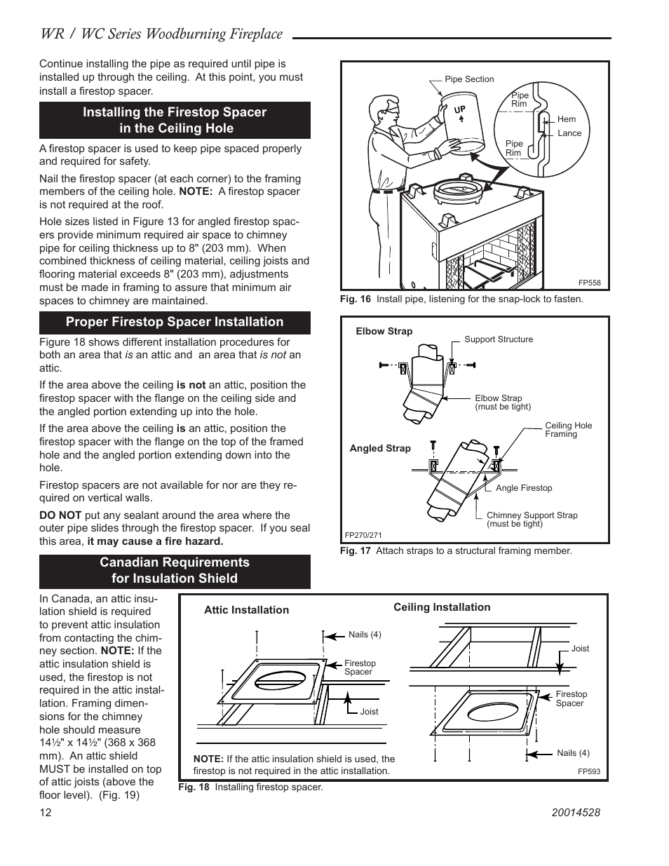 Wr / wc series woodburning fireplace, Installing the firestop spacer in the ceiling hole, Proper firestop spacer installation | Canadian requirements for insulation shield | Monessen Hearth WR400 User Manual | Page 12 / 24