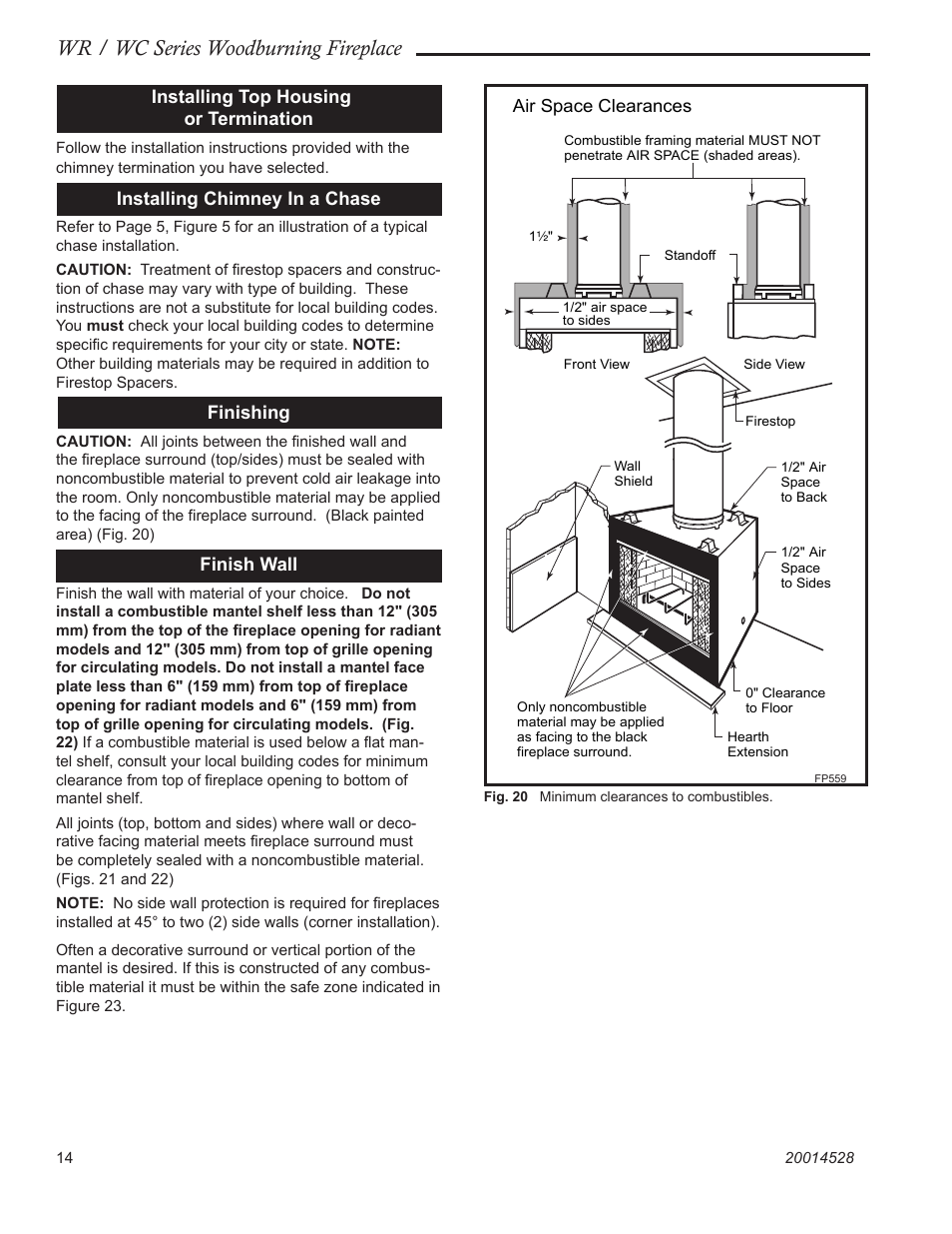 Wr / wc series woodburning fireplace, Installing top housing or termination, Installing chimney in a chase | Finishing, Finish wall, Air space clearances | Monessen Hearth WR400 User Manual | Page 14 / 24