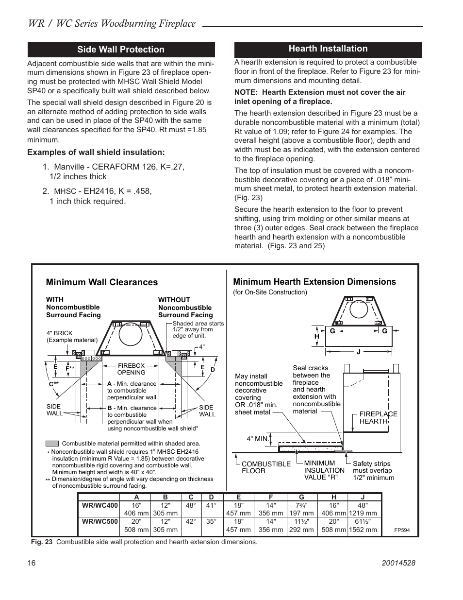 Wr / wc series woodburning fireplace, Hearth installation, Minimum wall clearances | Minimum hearth extension dimensions, Side wall protection | Monessen Hearth WR400 User Manual | Page 16 / 24
