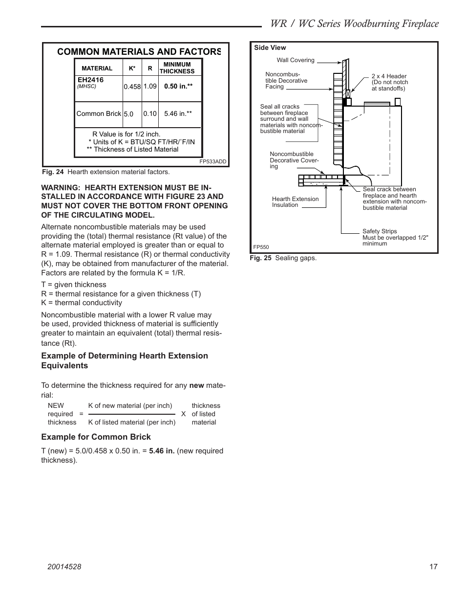 Wr / wc series woodburning fireplace, Common materials and factors, Example for common brick | Monessen Hearth WR400 User Manual | Page 17 / 24