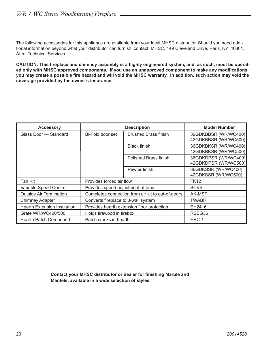 Accessories, Wr / wc series woodburning fireplace | Monessen Hearth WR400 User Manual | Page 20 / 24