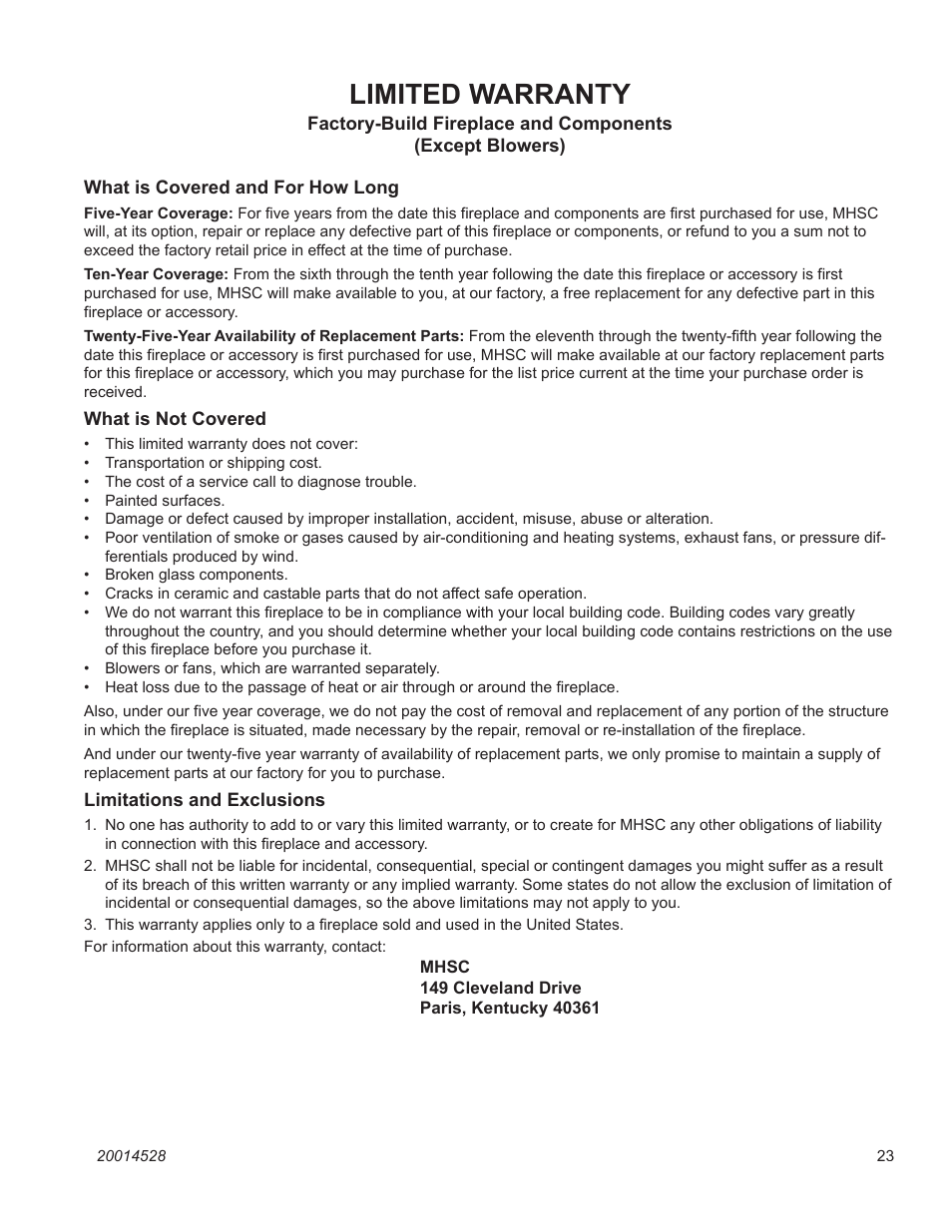 Limited warranty, Wr / wc series woodburning fireplace | Monessen Hearth WR400 User Manual | Page 23 / 24