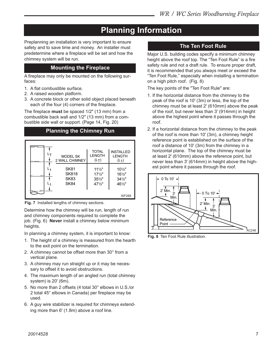 Planning information, Wr / wc series woodburning fireplace, Mounting the fireplace | Planning the chimney run the ten foot rule | Monessen Hearth WR400 User Manual | Page 7 / 24