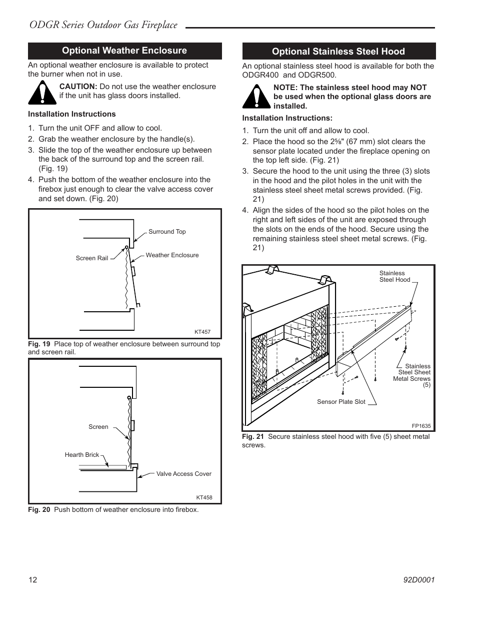 Odgr series outdoor gas fireplace, Optional weather enclosure, Optional stainless steel hood | Monessen Hearth ODGR500 User Manual | Page 12 / 20