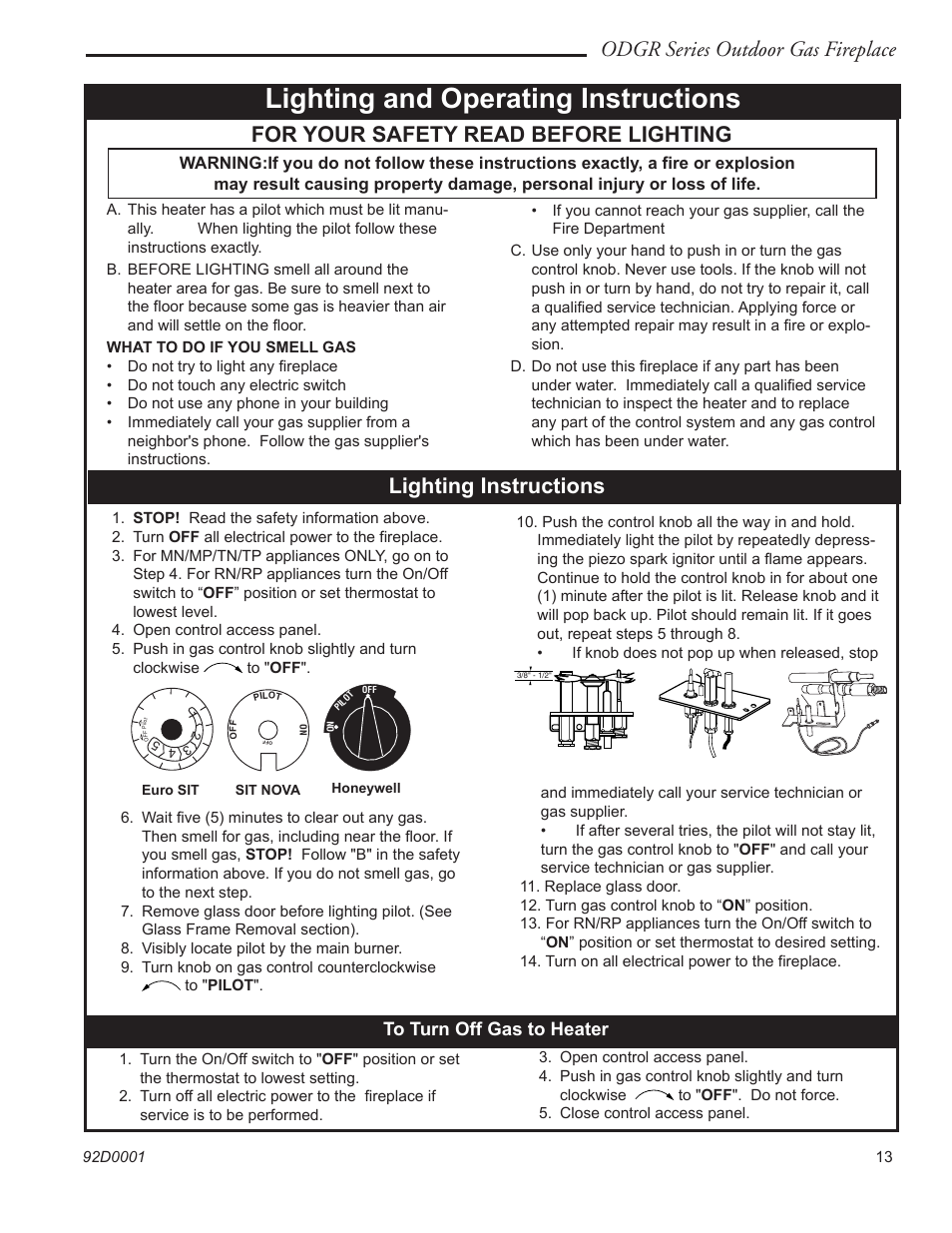Lighting and operating instructions, Odgr series outdoor gas fireplace, For your safety read before lighting | Lighting instructions | Monessen Hearth ODGR500 User Manual | Page 13 / 20