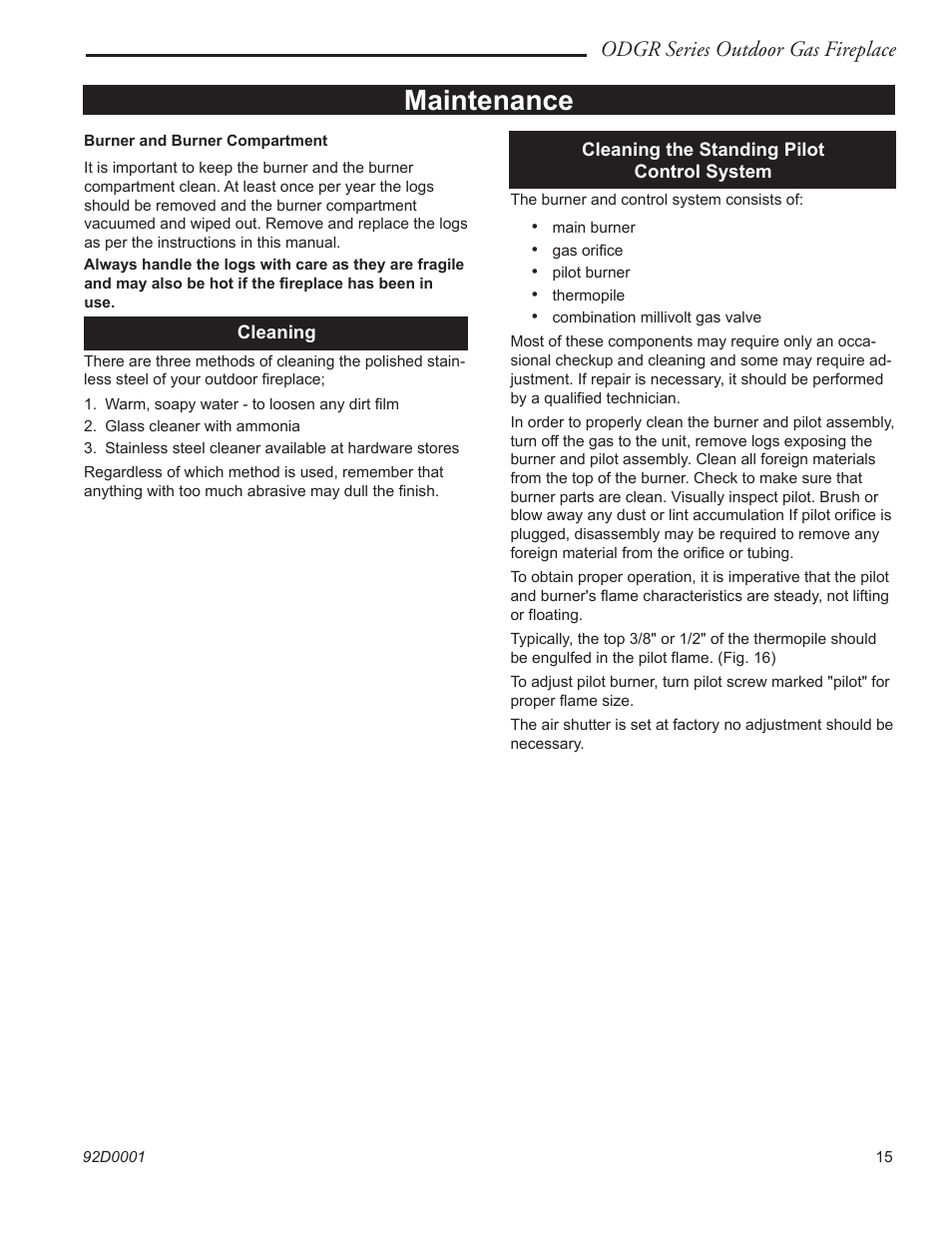 Maintenance, Odgr series outdoor gas fireplace | Monessen Hearth ODGR500 User Manual | Page 15 / 20