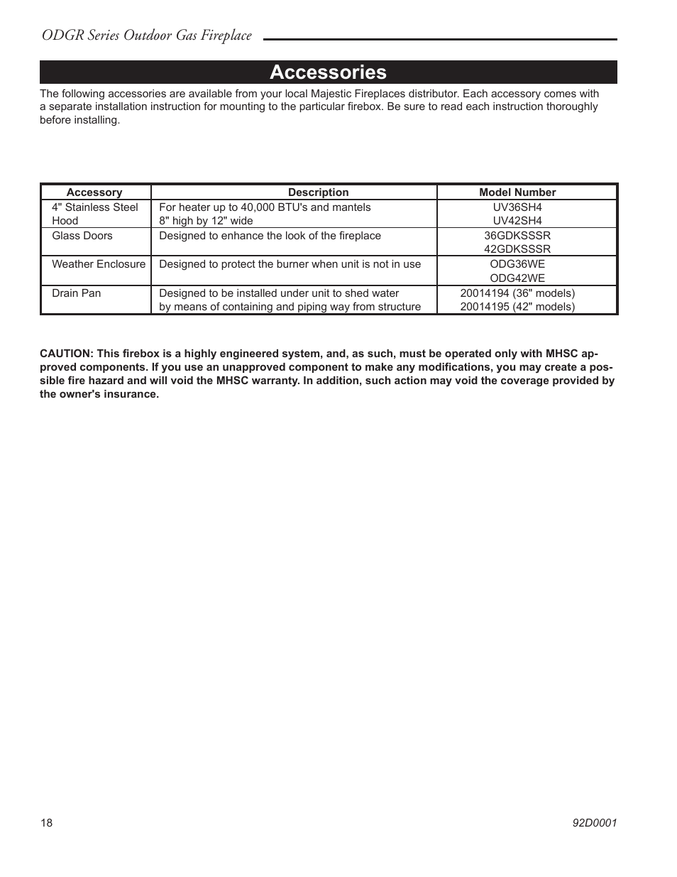 Accessories, Odgr series outdoor gas fireplace | Monessen Hearth ODGR500 User Manual | Page 18 / 20
