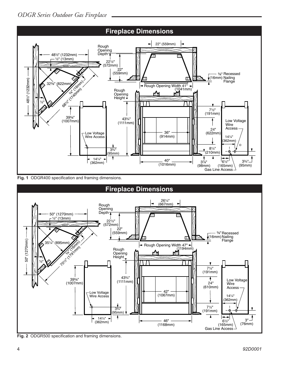 Odgr series outdoor gas fireplace, Fireplace dimensions | Monessen Hearth ODGR500 User Manual | Page 4 / 20