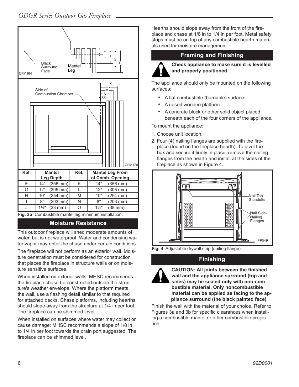 Odgr series outdoor gas fireplace, Framing and finishing, Finishing | Moisture resistance | Monessen Hearth ODGR500 User Manual | Page 6 / 20