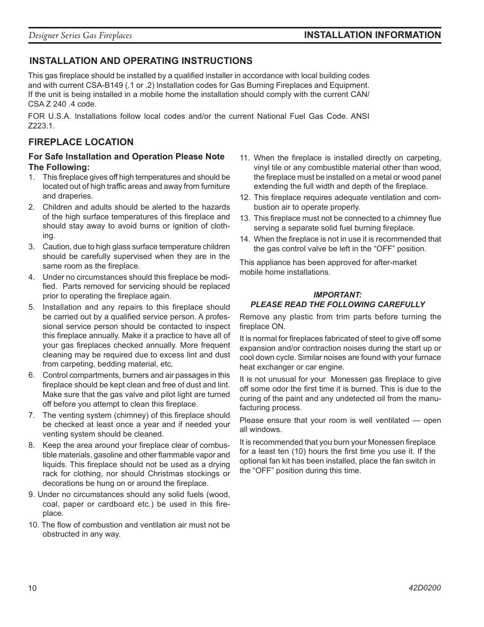 Monessen Hearth 624DV(ST User Manual | Page 10 / 52