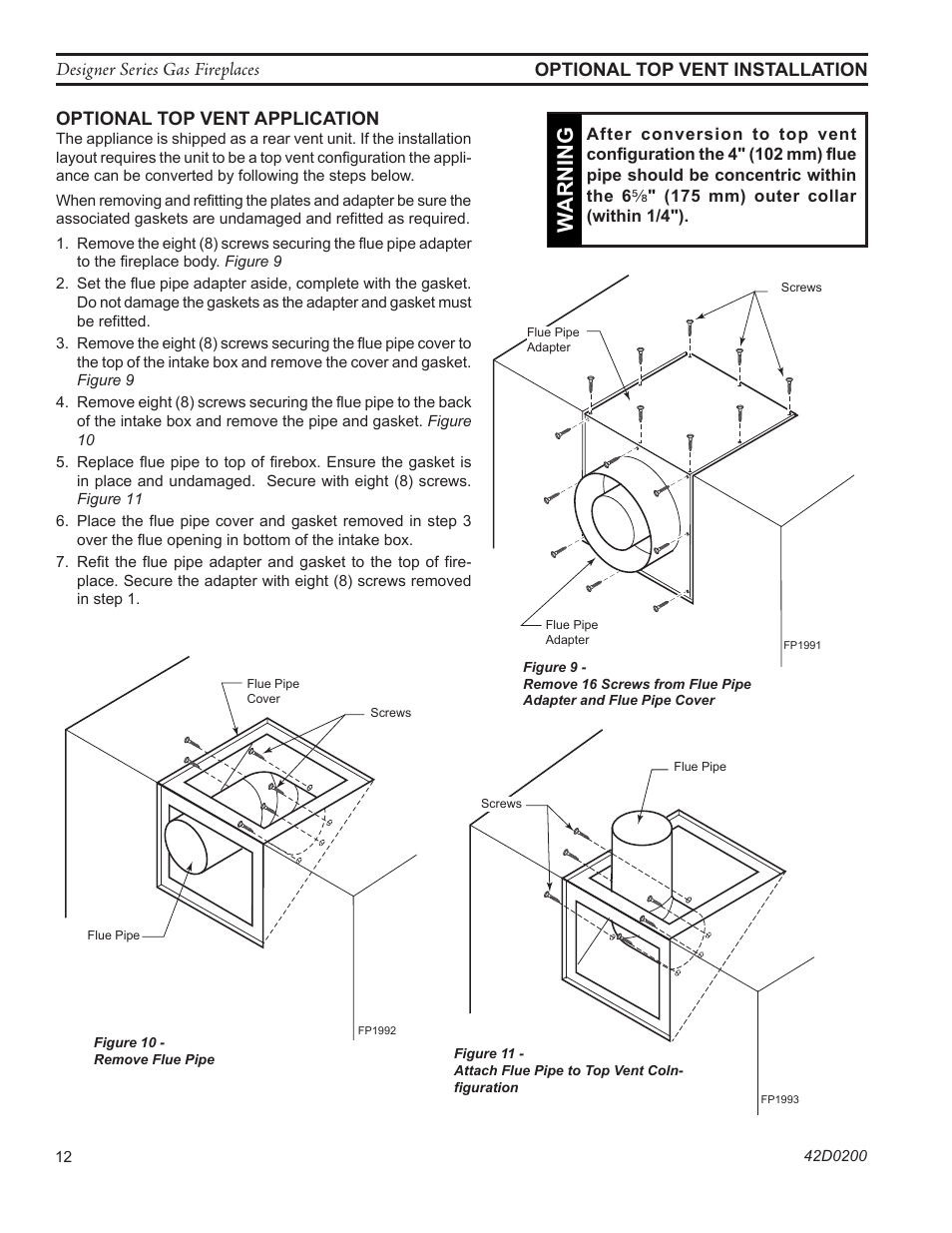 Wa rning | Monessen Hearth 624DV(ST User Manual | Page 12 / 52