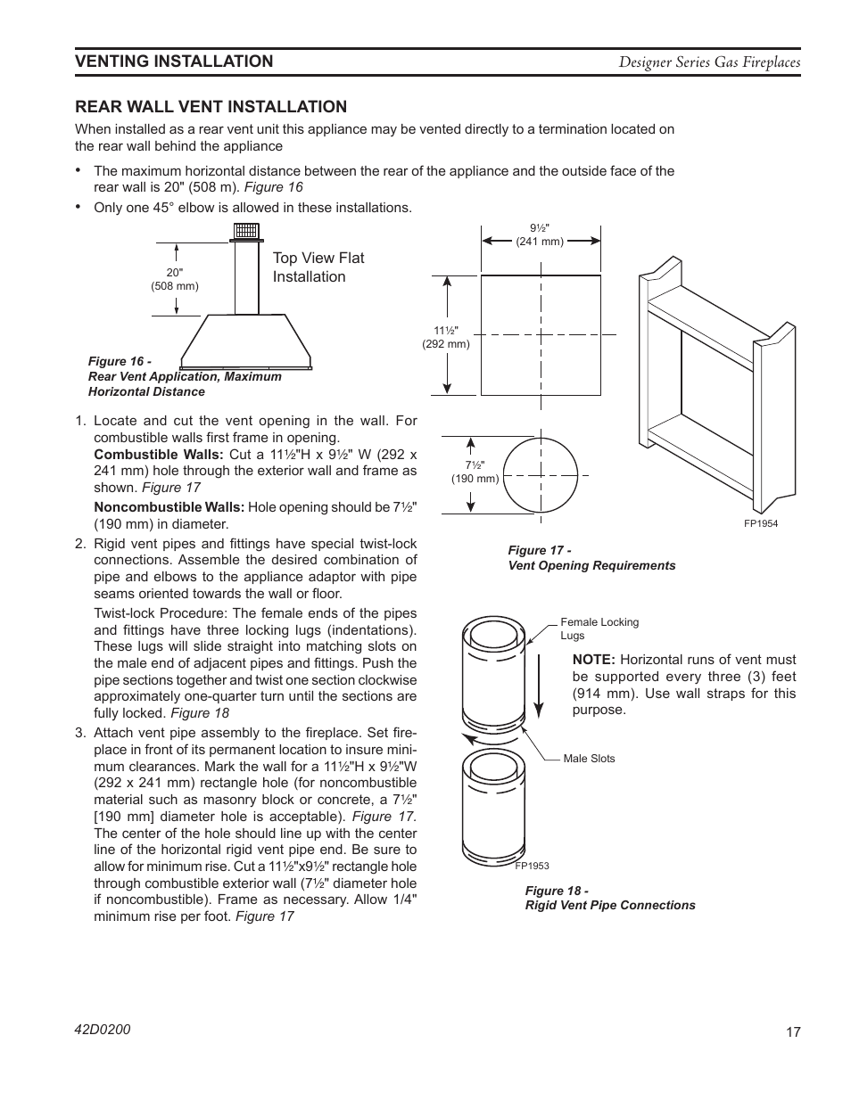 Designer series gas fireplaces, Rear wall vent installation, Venting installation | Fp1953 rigid pipe | Monessen Hearth 624DV(ST User Manual | Page 17 / 52