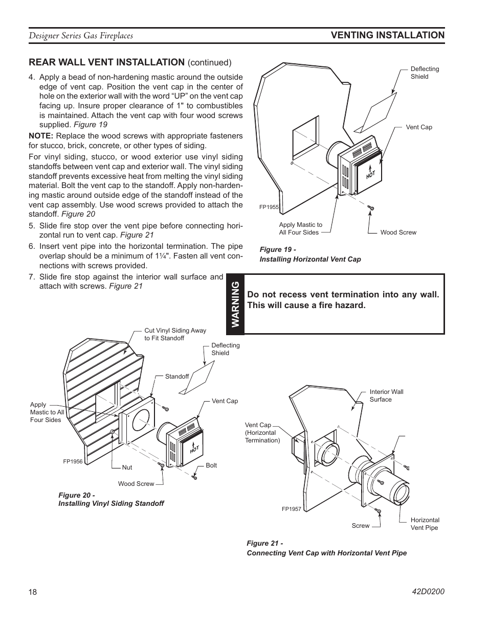 Fp1955 horizontal vent cap, Rear wall vent installation, Fp1956 vinyl siding standoff | Wa rning, Fp1957 install firestop | Monessen Hearth 624DV(ST User Manual | Page 18 / 52