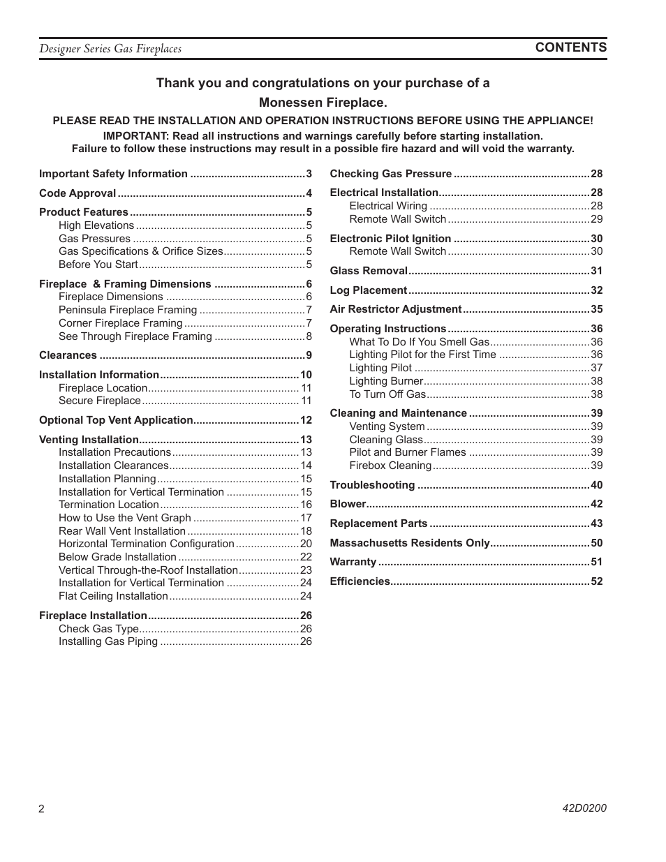 Monessen Hearth 624DV(ST User Manual | Page 2 / 52