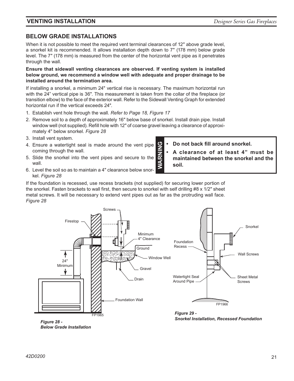 Fp1965 below grade install, Fp1966 snorkel, Designer series gas fireplaces | Venting installation below grade installations, Wa rning | Monessen Hearth 624DV(ST User Manual | Page 21 / 52