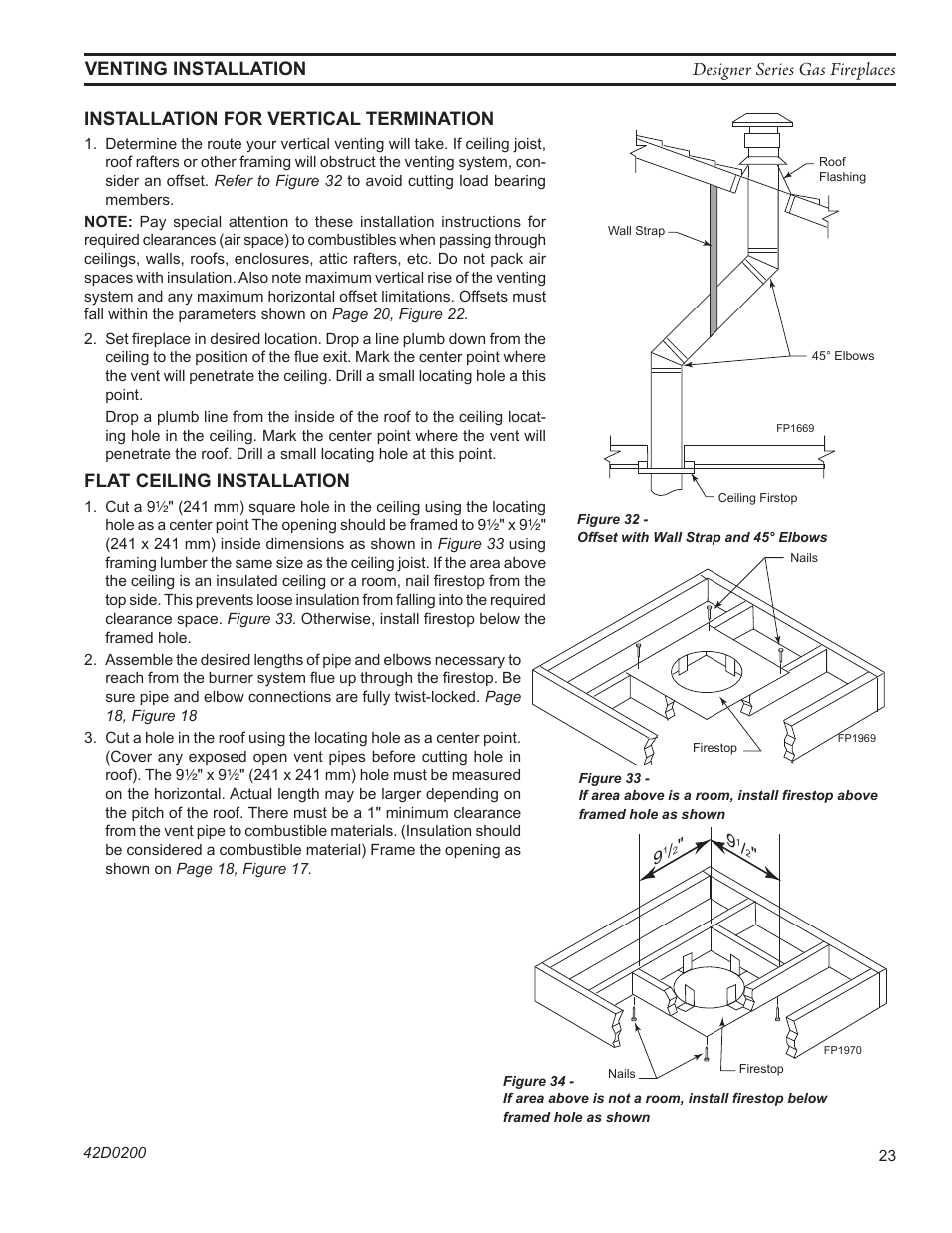 Designer series gas fireplaces, Flat ceiling installation, Fp1969 offset w/ wallstrap | Fp1969 firestop w room above | Monessen Hearth 624DV(ST User Manual | Page 23 / 52
