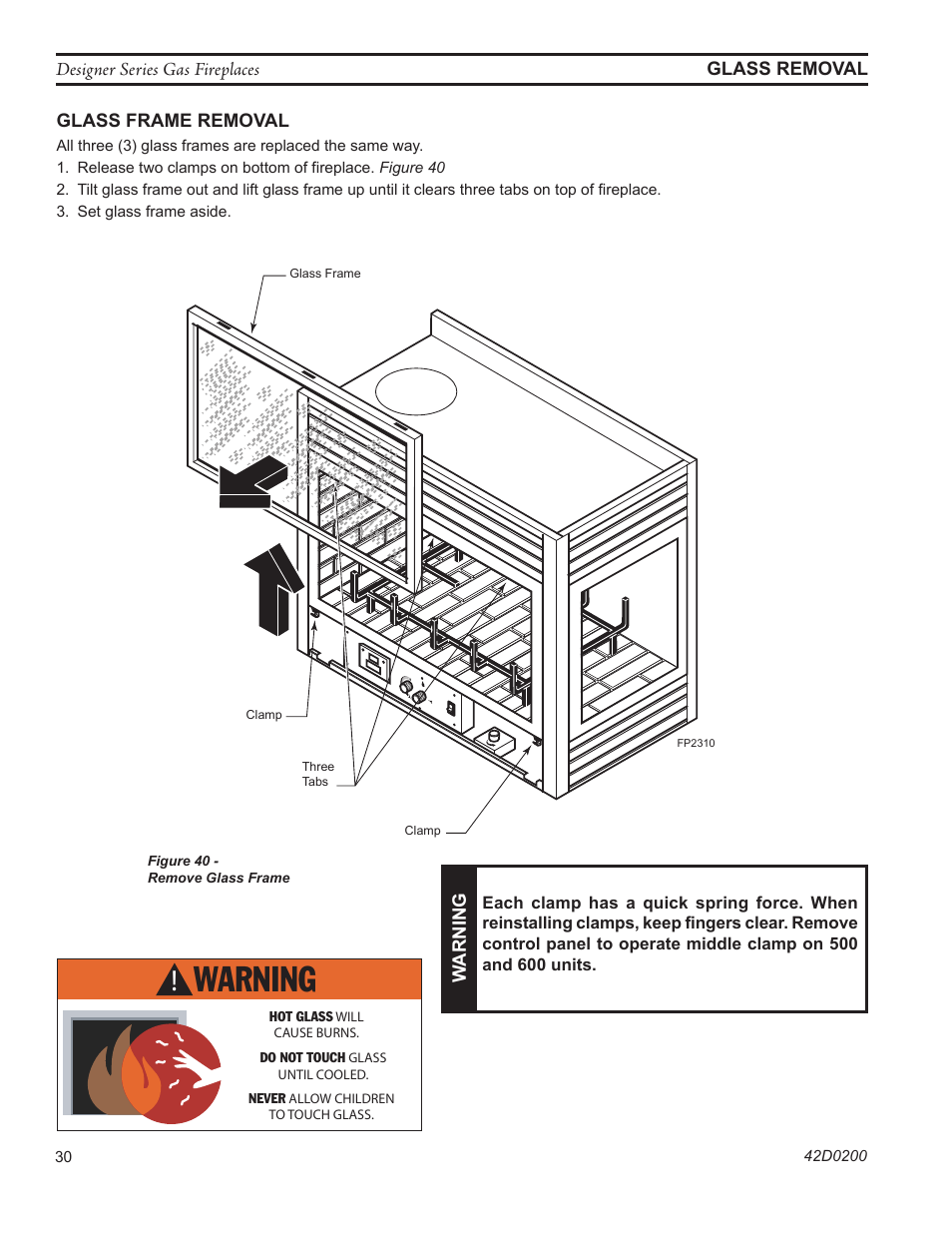 Warning, Fp2310 remove glass | Monessen Hearth 624DV(ST User Manual | Page 30 / 52